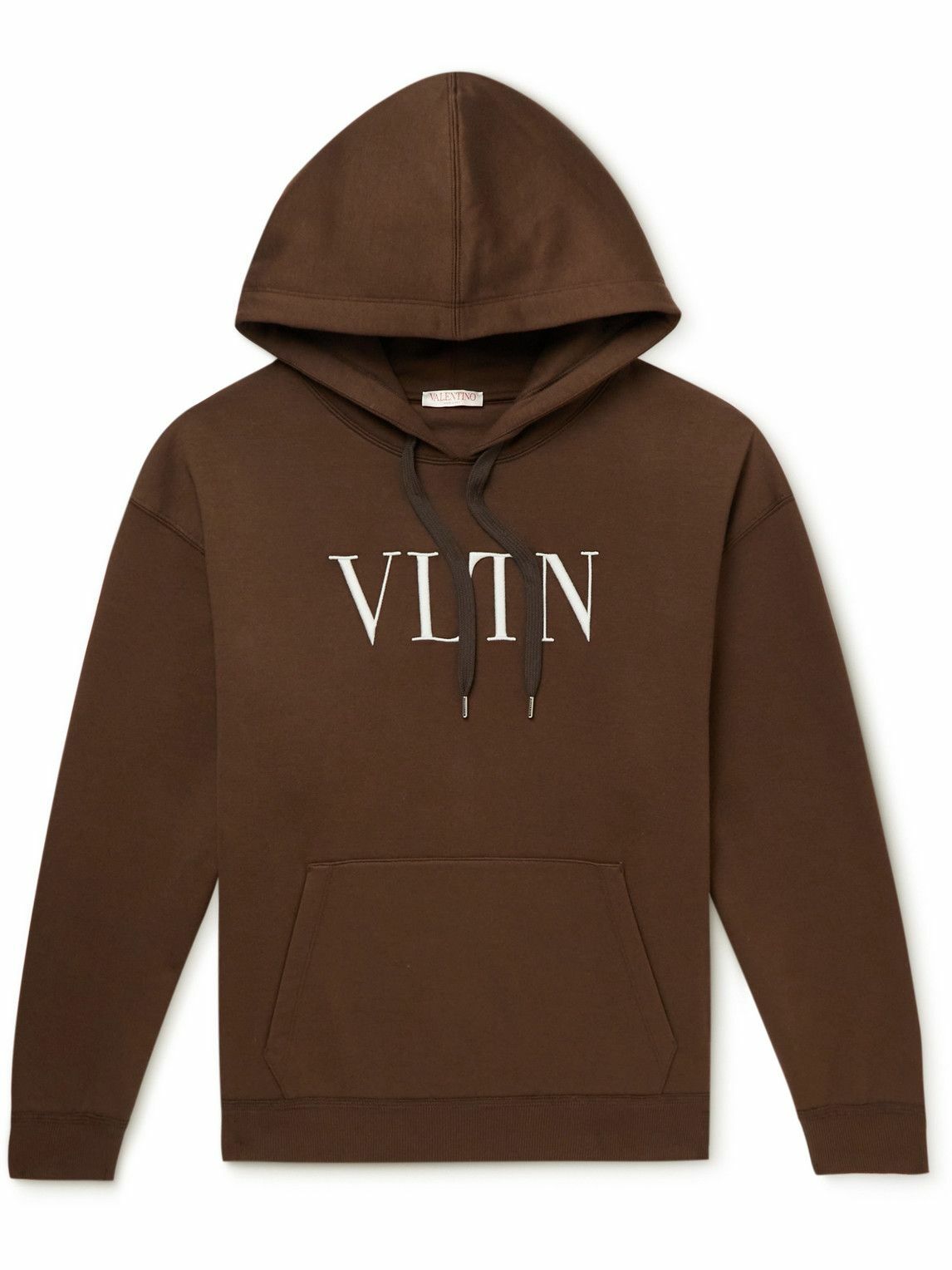 Photo: Valentino - Logo-Embroidered Cotton-Blend Jersey Hoodie - Brown
