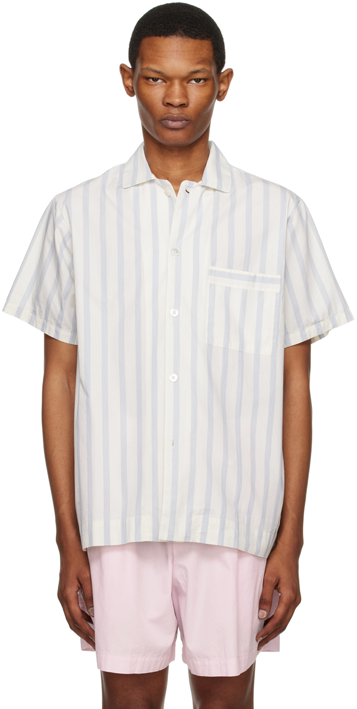 Tekla OffWhite & Blue Striped Pyjama Shirt Tekla Fabrics