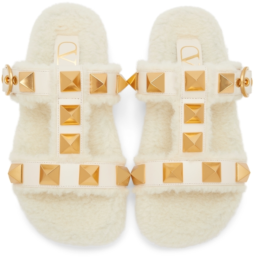 Valentino Garavani Shearling Roman Stud Slides Valentino Garavani