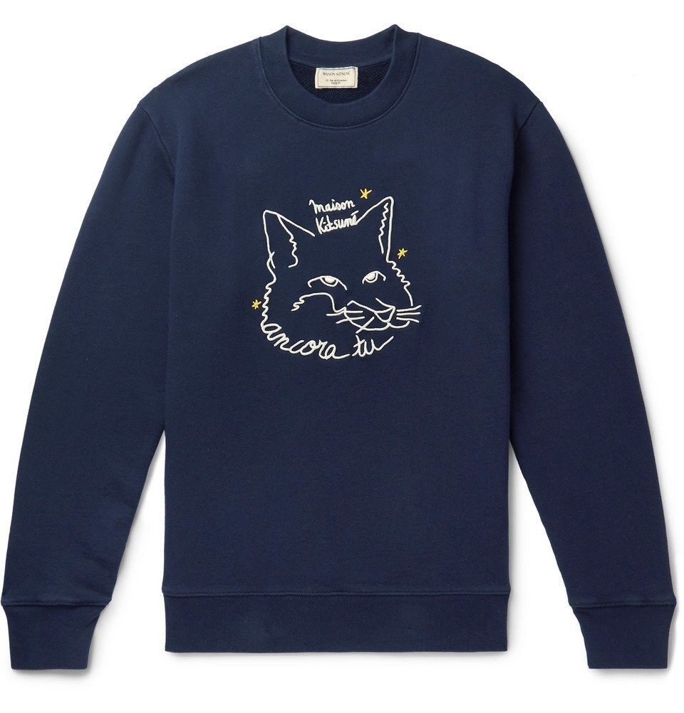Maison Kitsuné - Embroidered Loopback Cotton-Jersey Sweatshirt - Navy ...