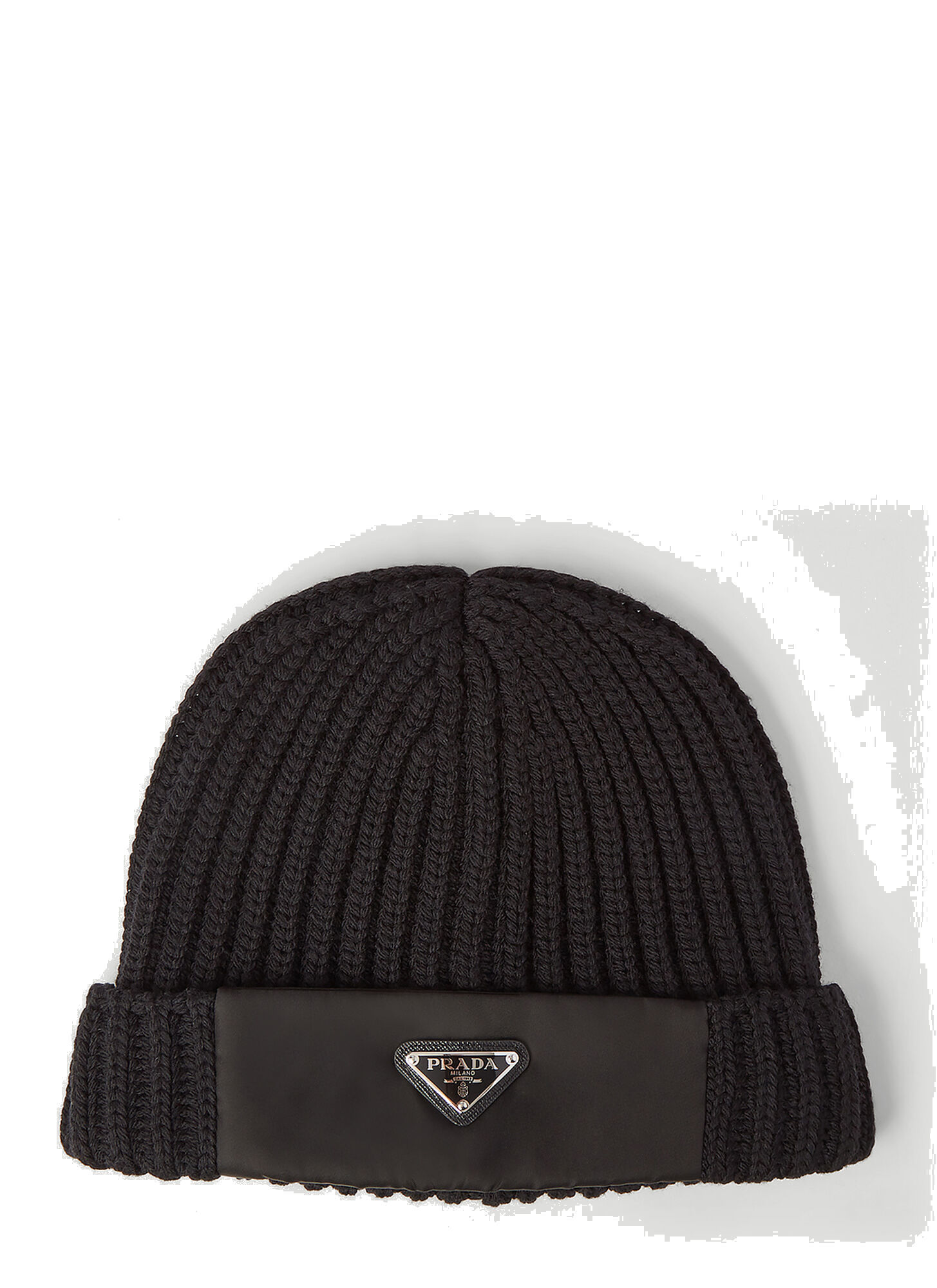 Re-Nylon Trimmed Beanie Hat in Black Prada