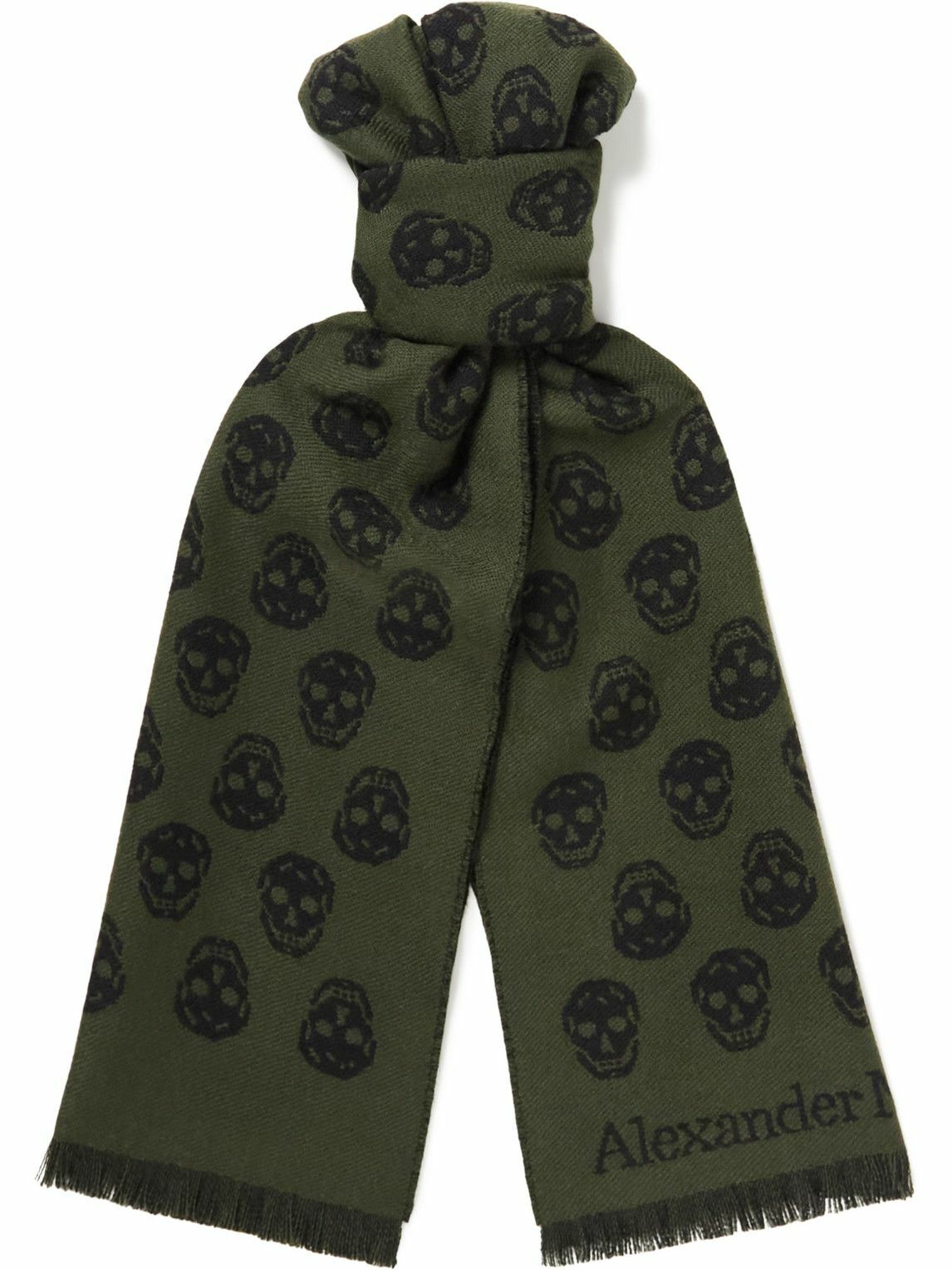 Alexander McQueen Reversible Fringed LogoJacquard Wool Scarf Green