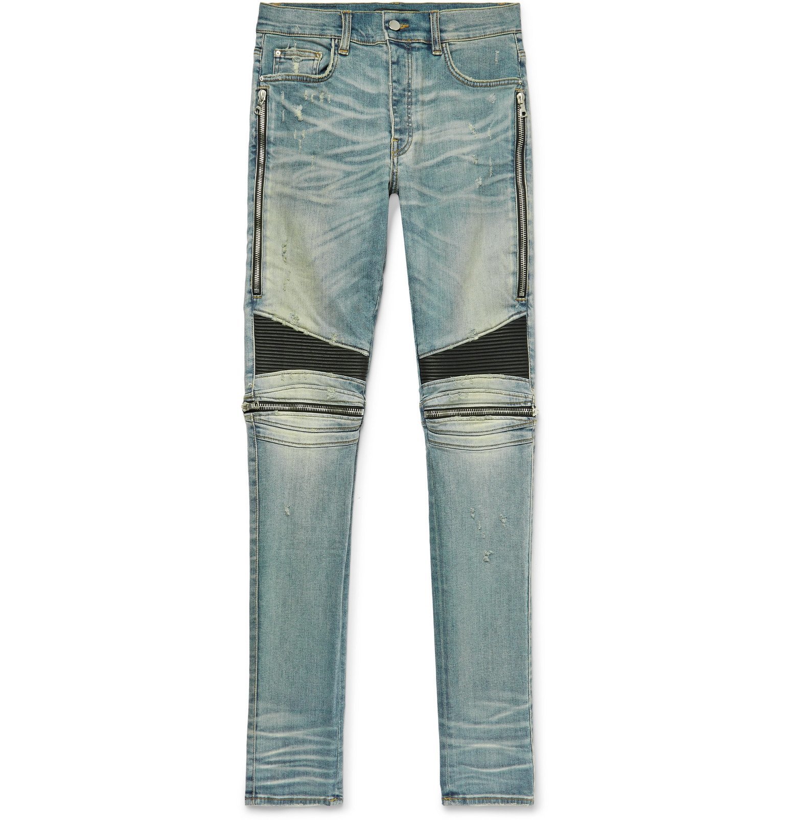 AMIRI - MX2 Skinny-Fit Leather-Panelled Distressed Stretch-Denim Jeans ...