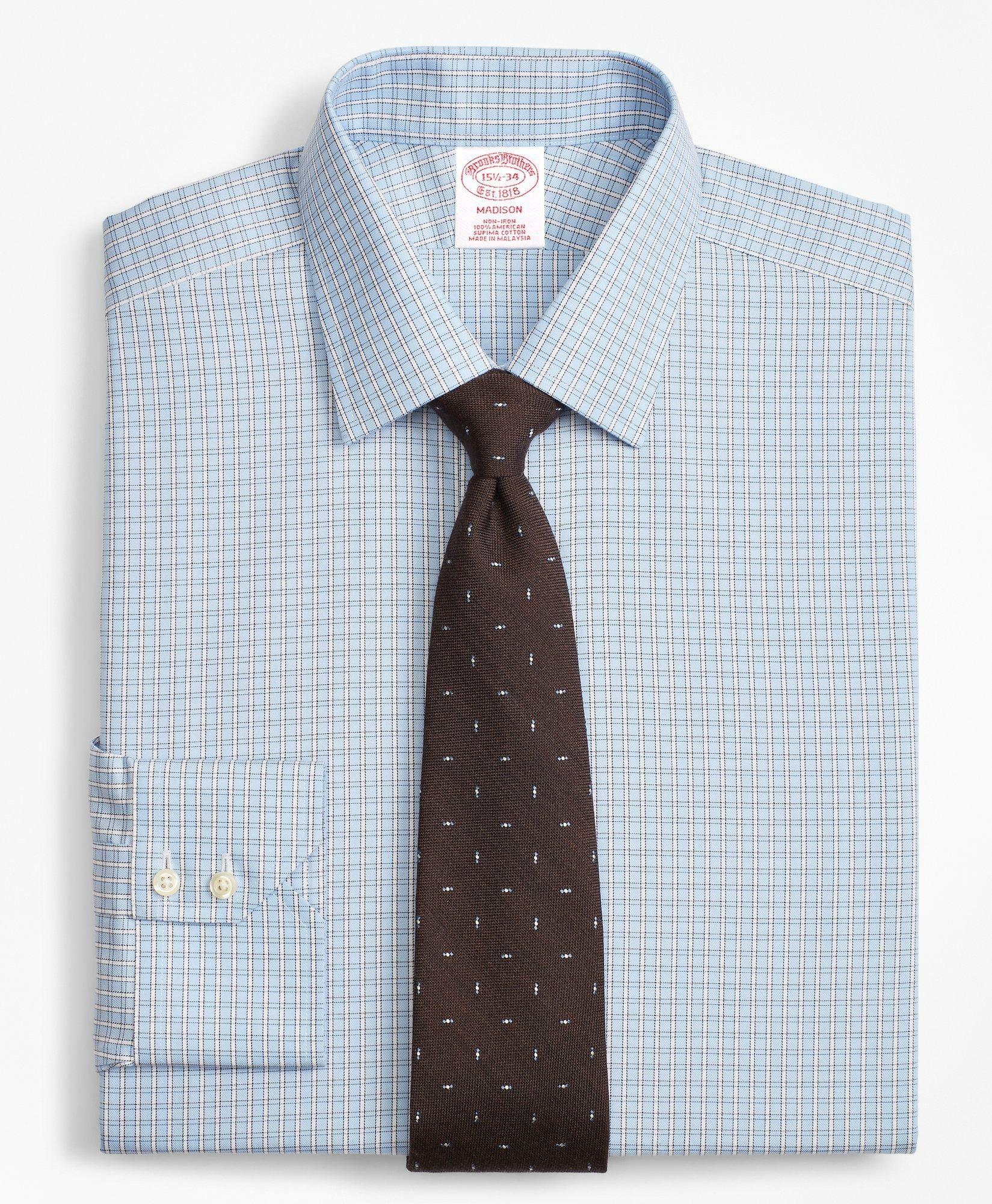 Brooks Brothers Men's Madison Relaxed-Fit Dress Shirt, Non-Iron Two-Tone Framed Windowpane | Light Blue