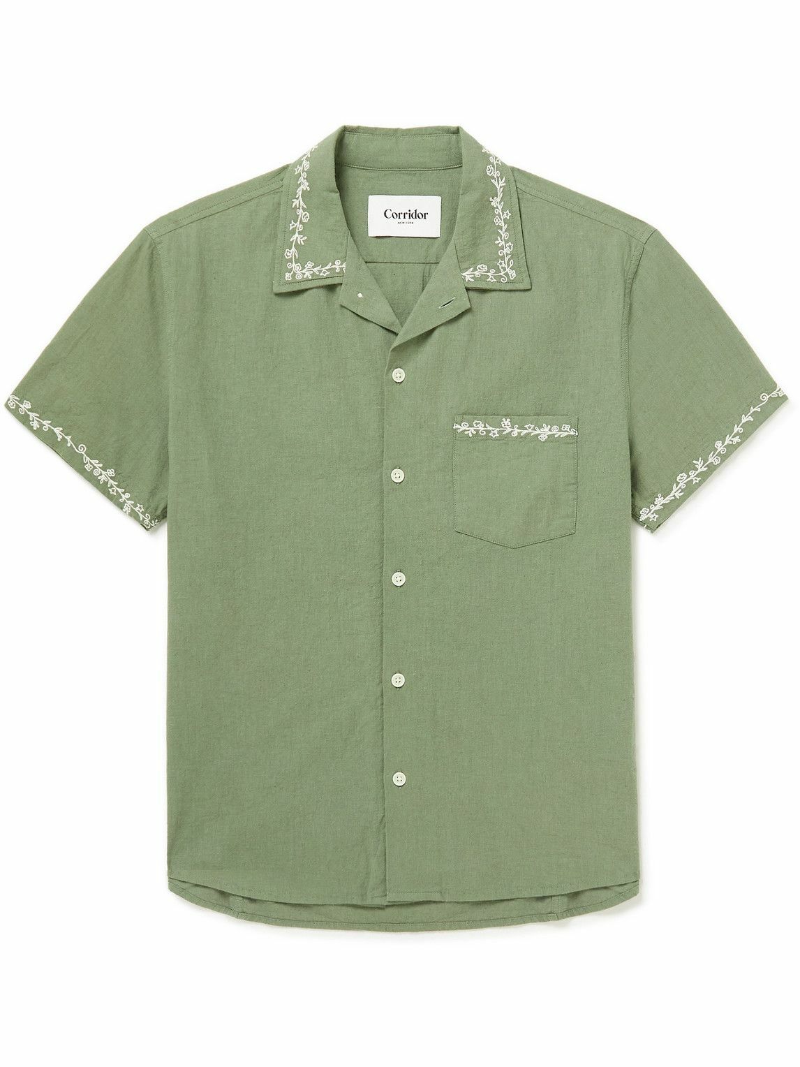 Photo: Corridor - Convertible-Collar Embroidered Linen and Cotton-Blend Shirt - Green