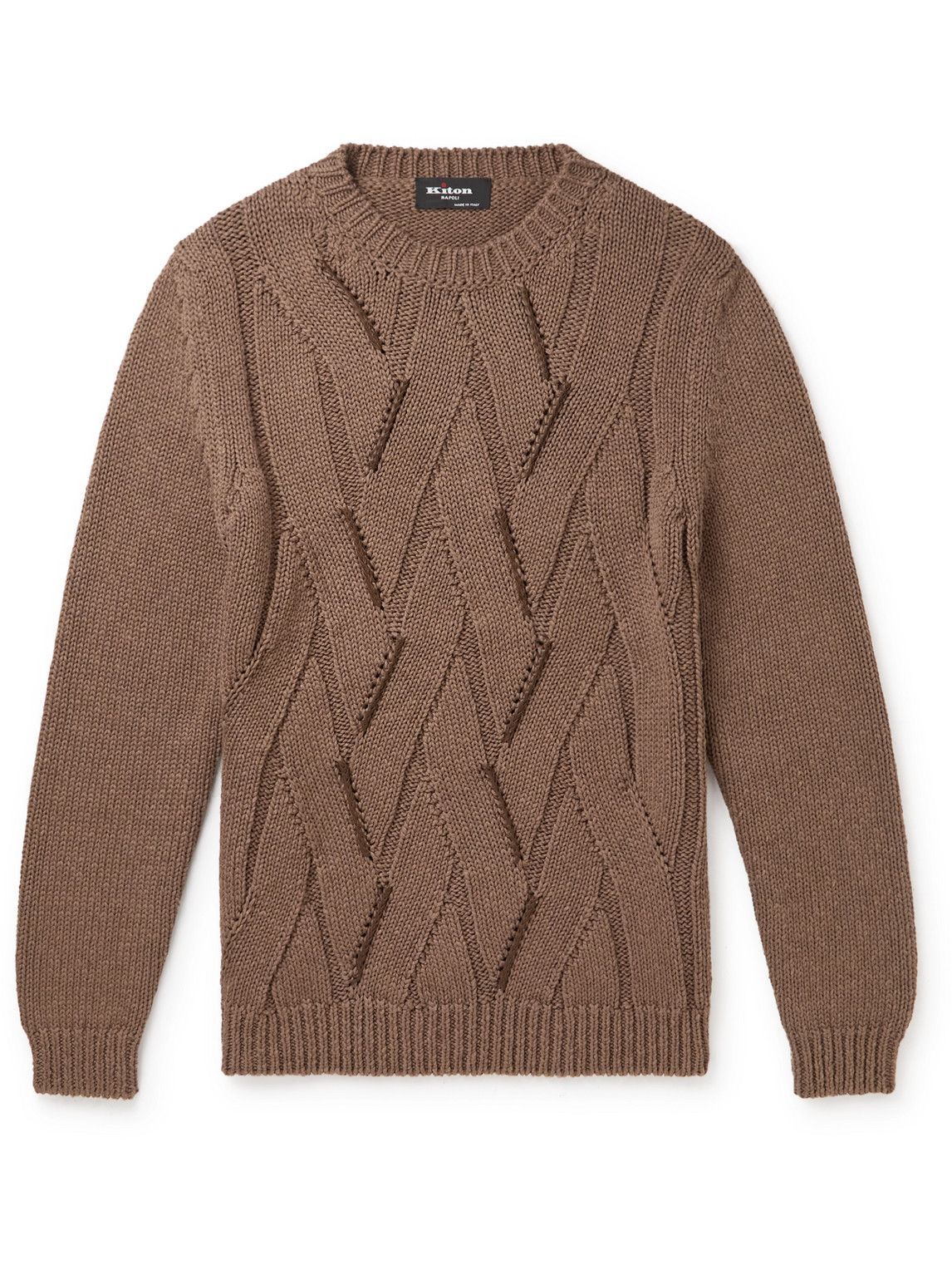 Photo: Kiton - Leather-Trimmed Cable-Knit Cotton and Linen-Blend Sweater - Brown