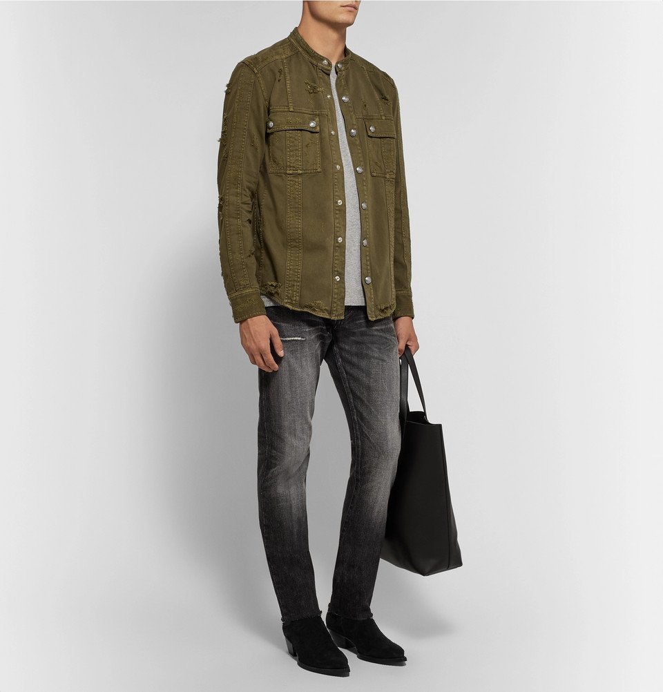 Balmain - Slim-Fit Grandad-Collar Distressed Denim Shirt Jacket - Men ...