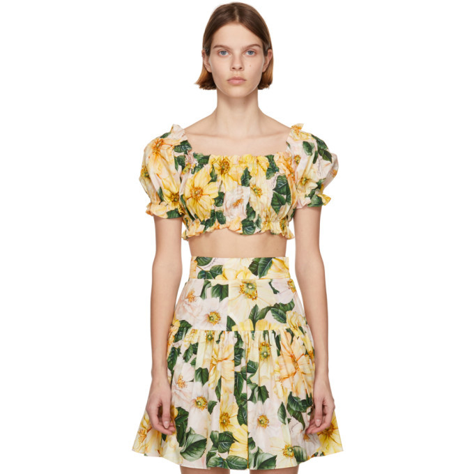 Dolce and Gabbana Yellow Camellia Print Crop Blouse Dolce & Gabbana