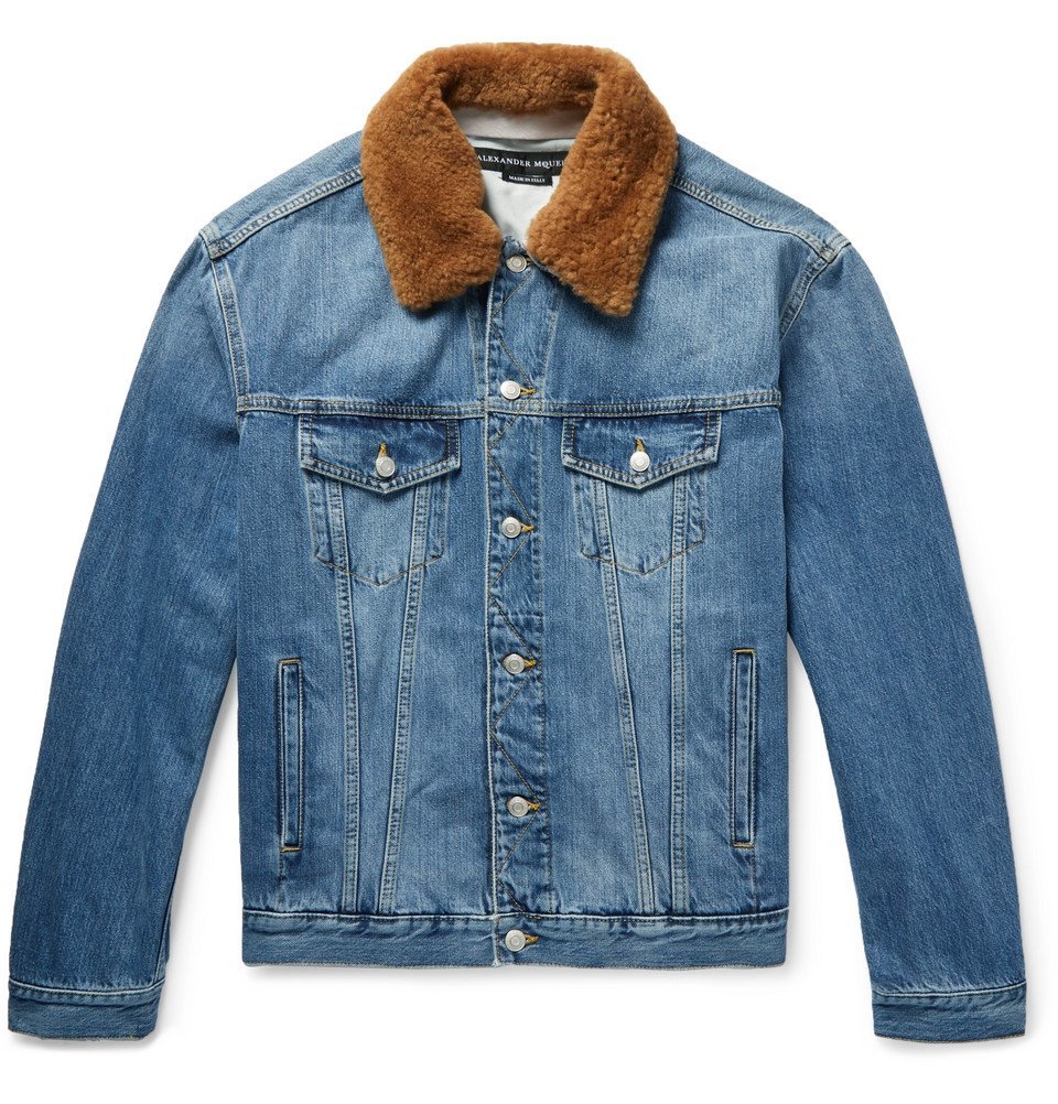 embroidered denim jacket with shearling