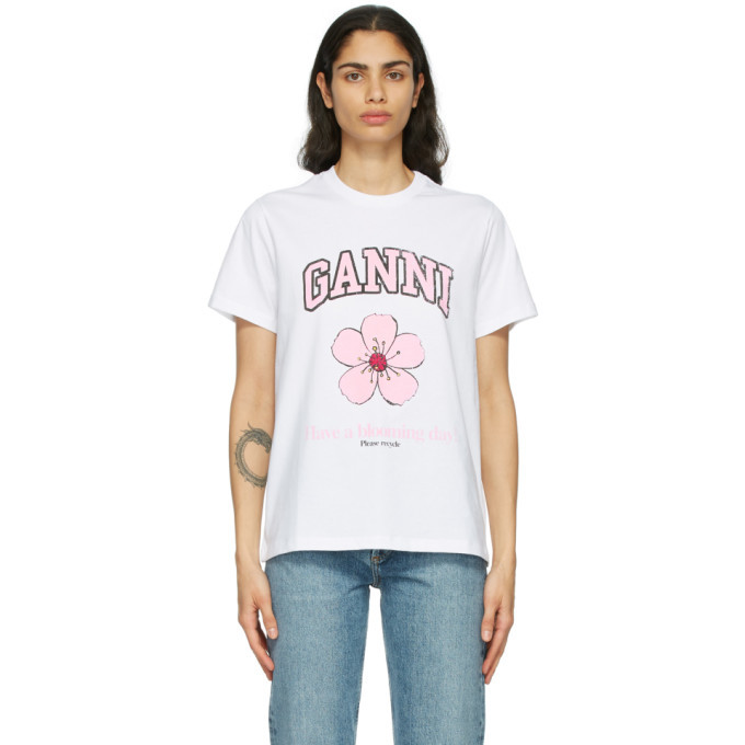 GANNI White Cotton Cherry Blossom T-Shirt GANNI