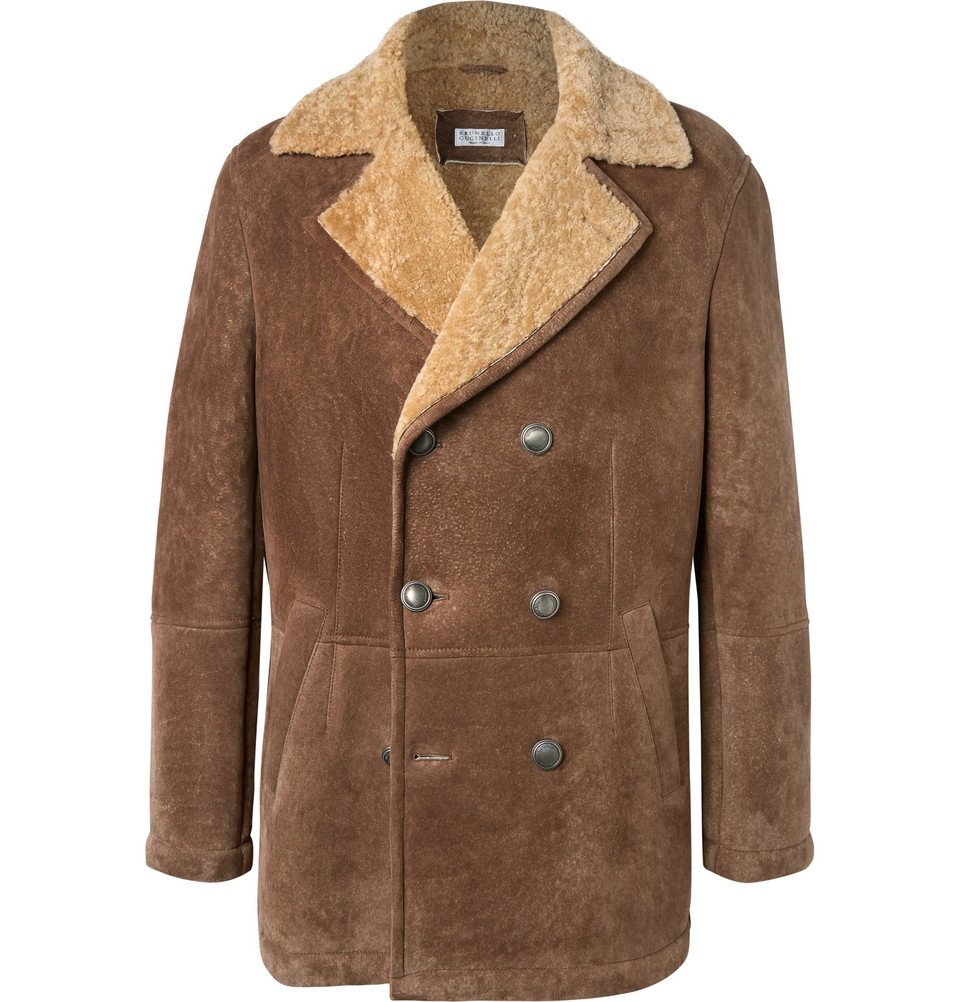 Thom Browne Cotton Double-breasted Shearling Peacoat in Brown for Men Mens Clothing Coats Short coats 