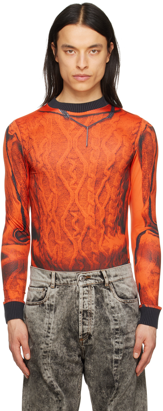 Blouse Soie Jean-Paul Gaultier - Taille 38 M - Motif Ethnique Orange - Col V