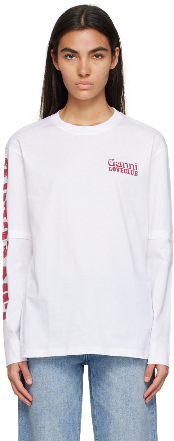 GANNI White Printed Long Sleeve T-Shirt GANNI