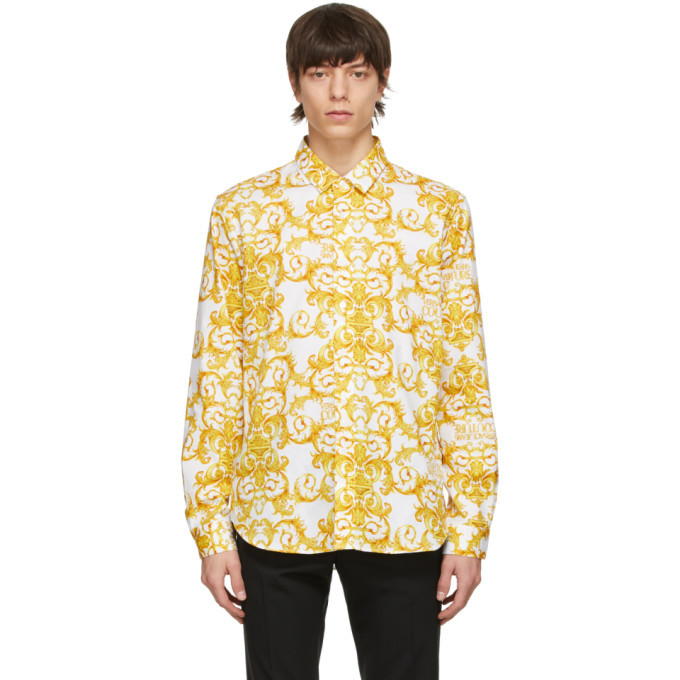 Versace Jeans Couture White and Gold Logo Baroque Print Shirt Versace