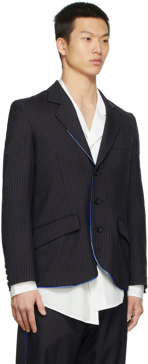 Sulvam Black & Blue Round Hem Piping Blazer Sulvam