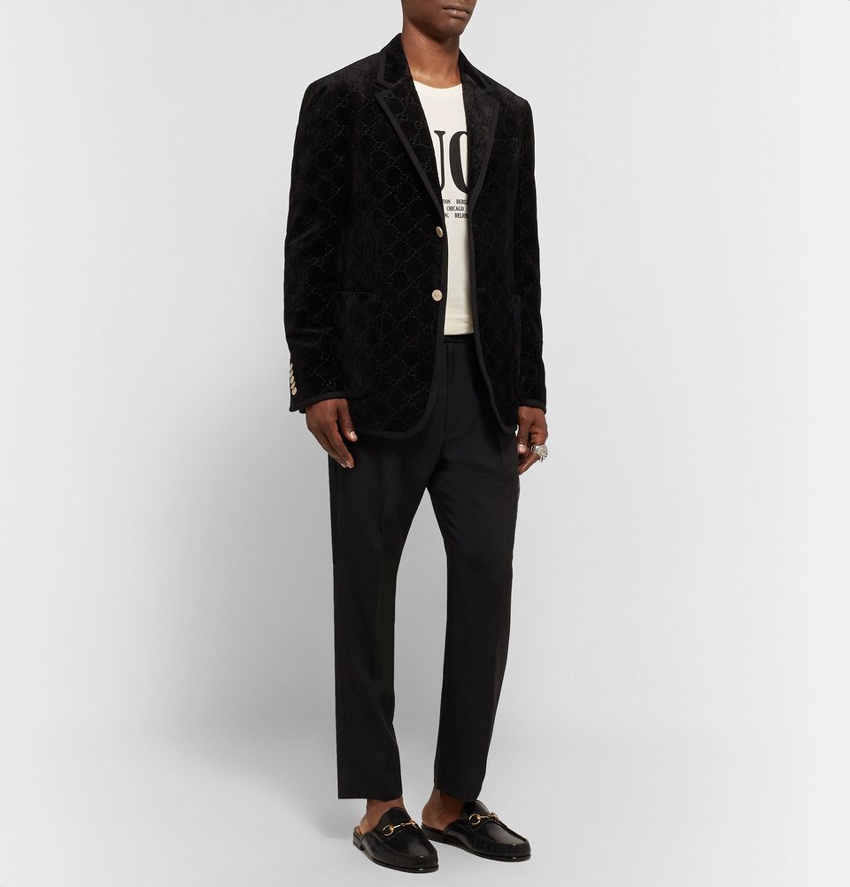 Gucci Black GrosgrainTrimmed Embroidered Velvet Blazer Men Black Gucci