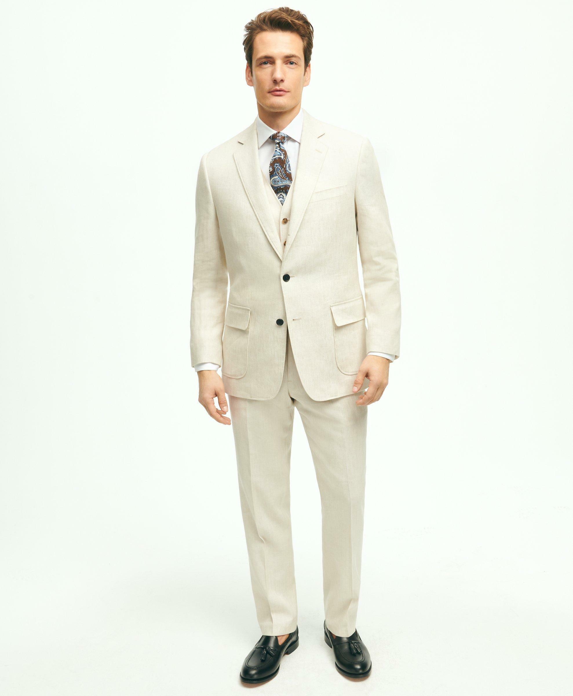Brooks Brothers Men's Regent Fit Linen Cotton Herringbone Suit Pants | Beige