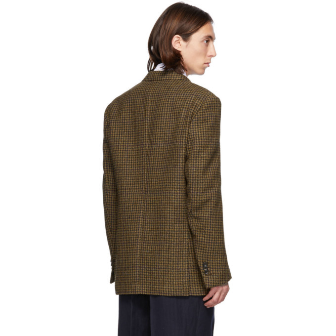 Drakes Brown and Green Wool Houndstooth Blazer