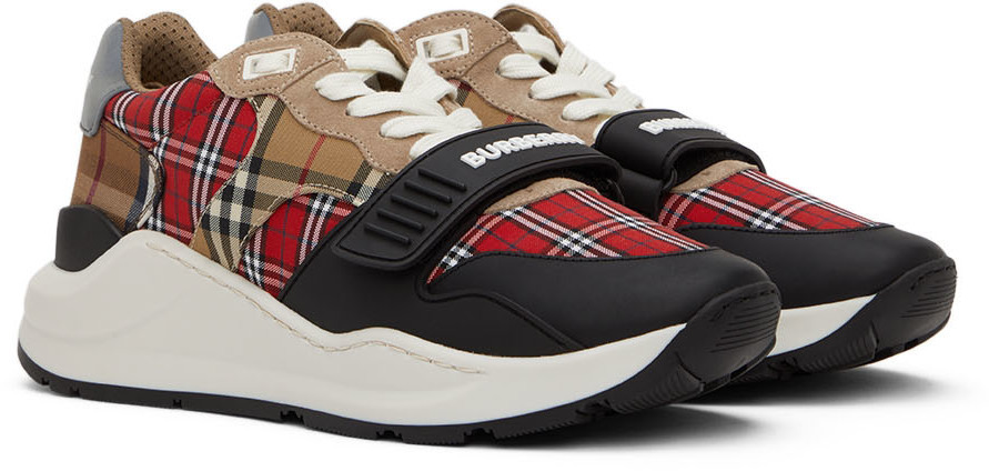 Burberry Red & Beige Ramsey Check Sneakers Burberry