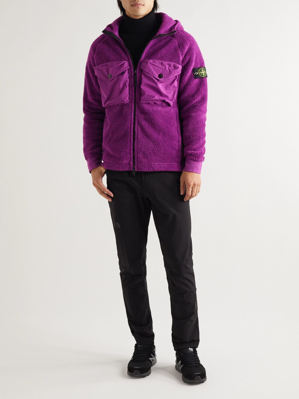 Stone Island Logo Appliqued Shell Trimmed Fleece Hooded Jacket Purple Stone Island