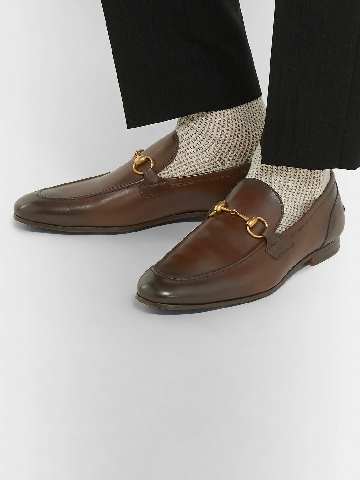 GUCCI - Jordaan Horsebit Burnished-Leather Loafers - Brown Gucci