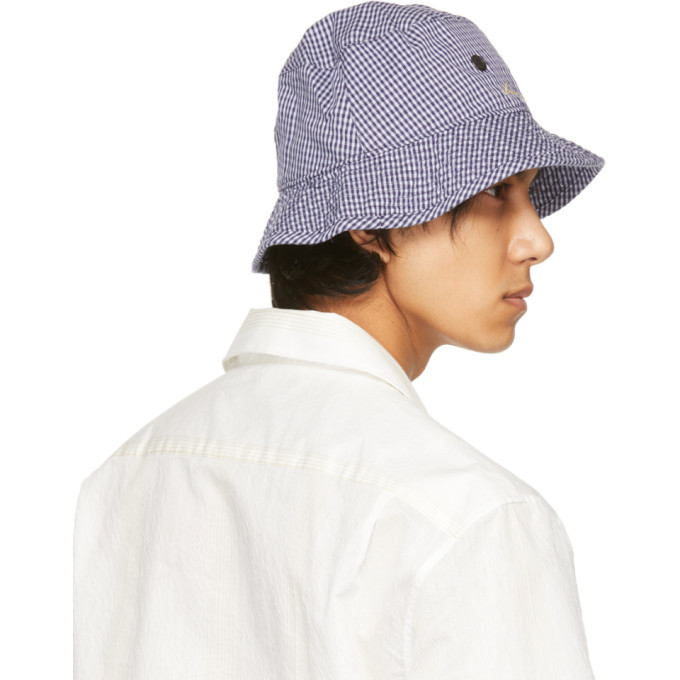 Acne Studios Blue And White Check Logo Bucket Hat Acne Studios