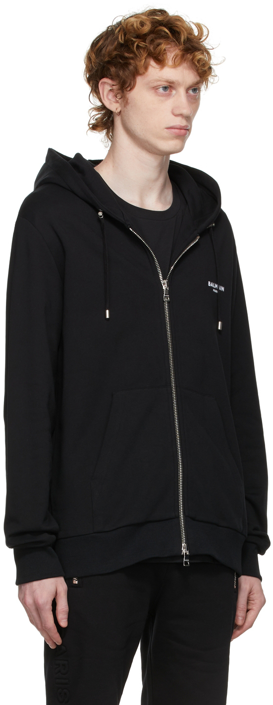 Balmain Black Flocked Logo Zip-Up Hoodie Balmain