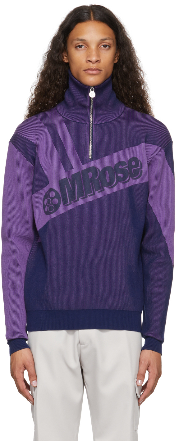 Martine Rose Navy & Purple Quarter-Zip Logo Knit Sweater Martine Rose