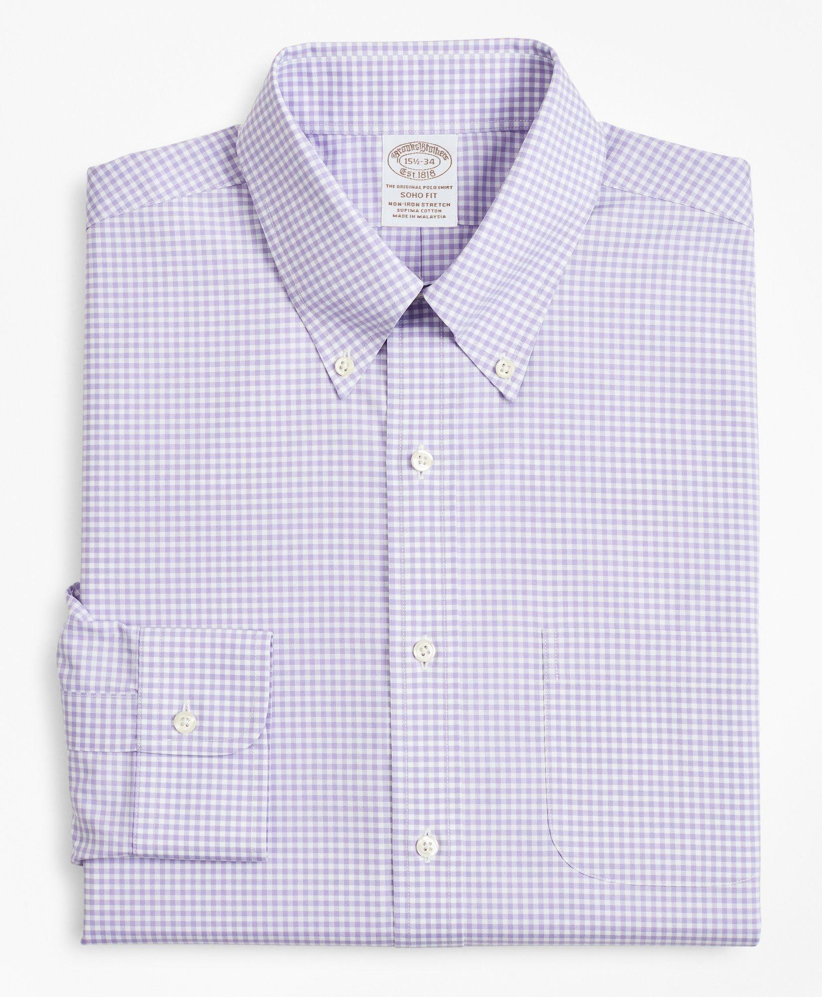 Brooks Brothers Men's Stretch Soho Extra-Slim-Fit Dress Shirt, Non-Iron Poplin Button-Down Collar Gingham | Lavender