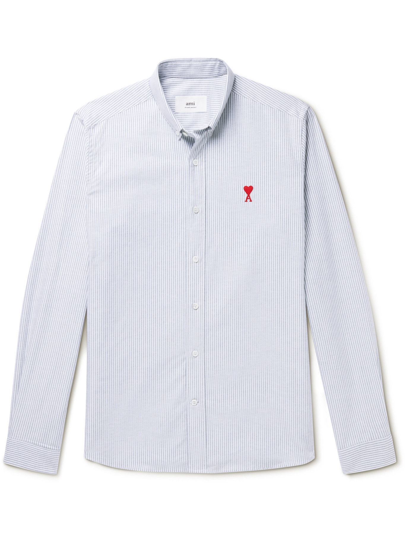 AMI PARIS - Button-Down Collar Logo-Embroidered Striped Cotton Shirt - Blue