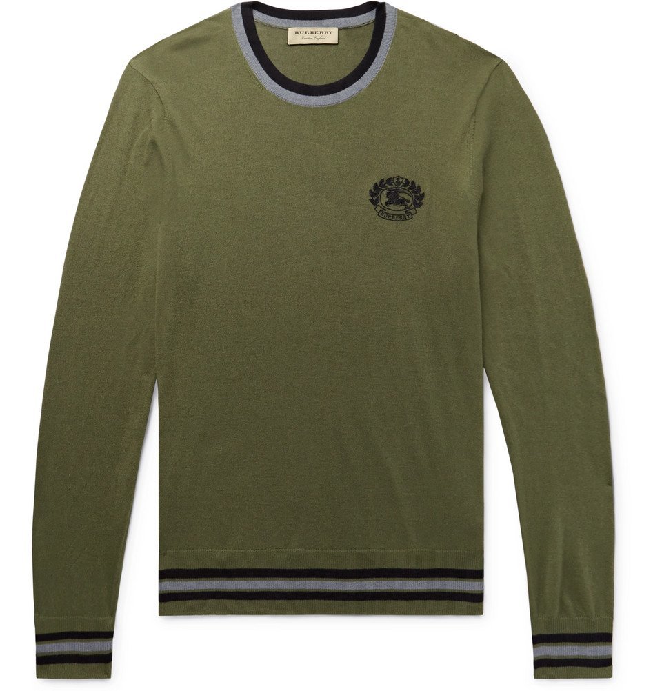 Burberry - Slim-Fit Logo-Embroidered Cotton and Silk-Blend Sweater - Men -  Army green Burberry