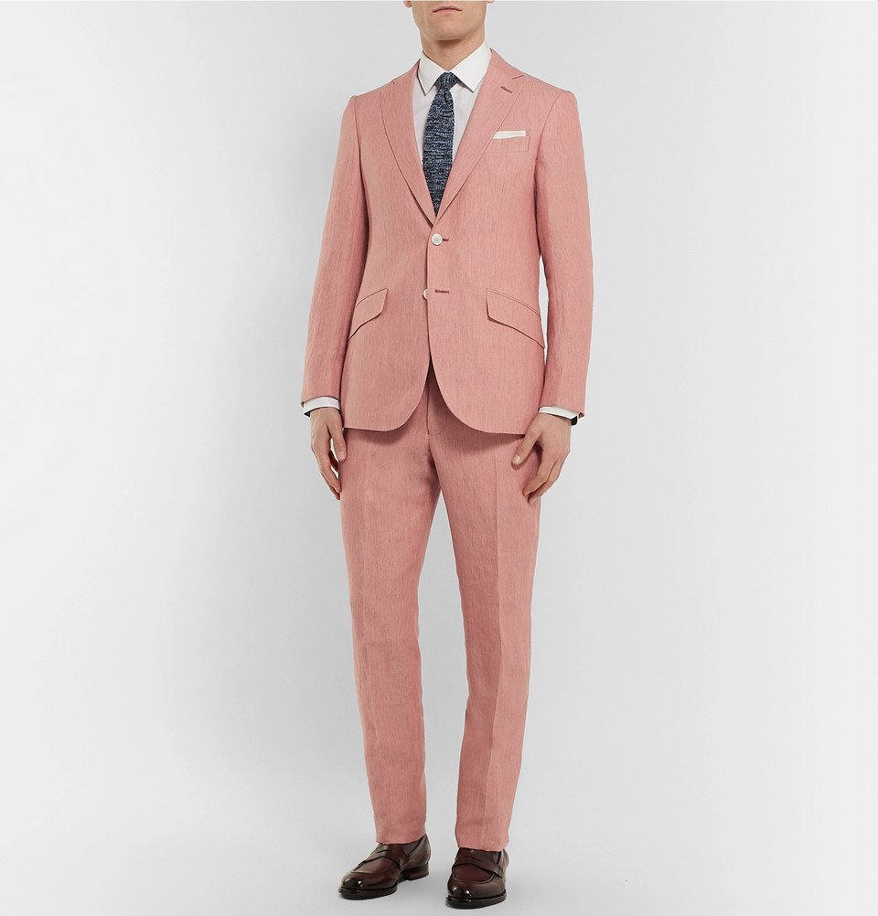 coral linen suit