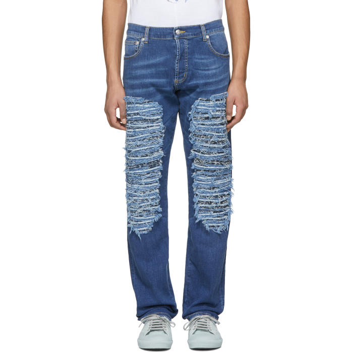 Alexander McQueen Blue Heavy Destroyed Jeans Alexander McQueen