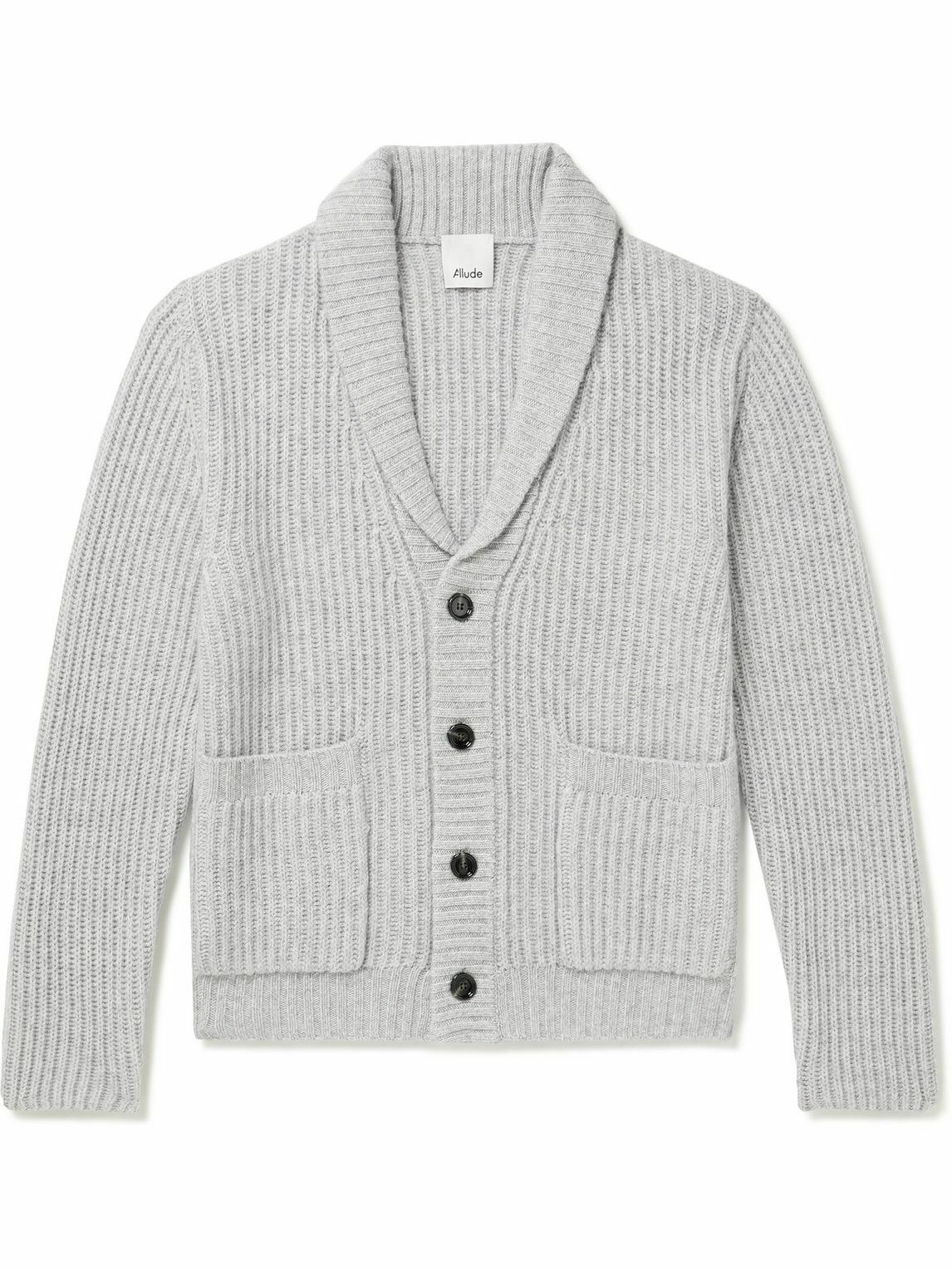 Allude - Shawl-Collar Ribbed Wool and Cashmere-Blend Cardigan - Gray