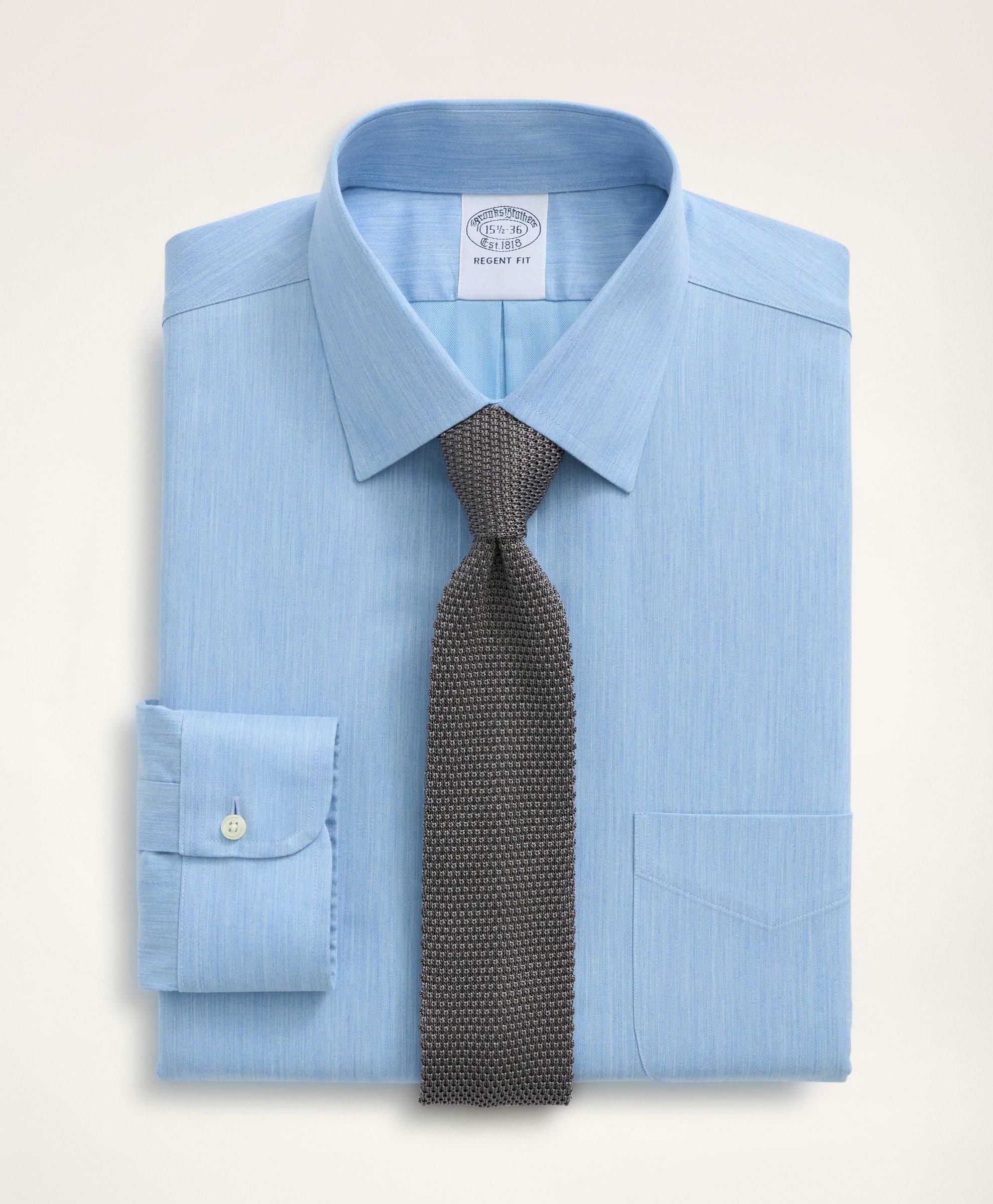 Brooks Brothers Men's Stretch Regent Regular-Fit Dress Shirt, Non-Iron Herringbone Ainsley Collar | Blue