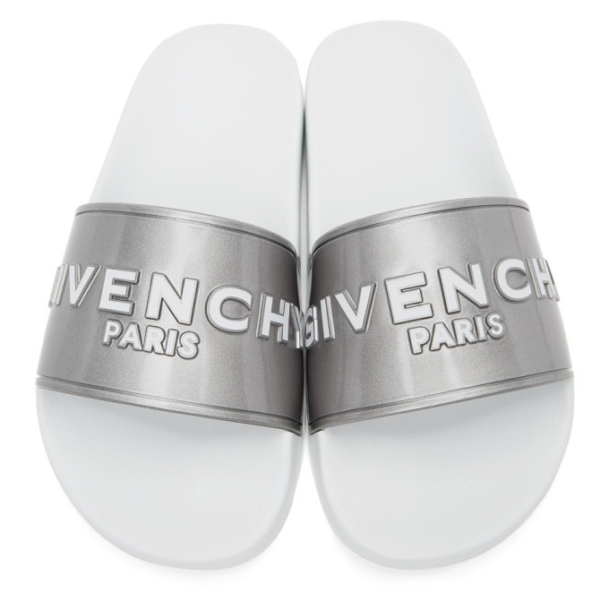 Givenchy Silver and White Logo Flat Slides Givenchy