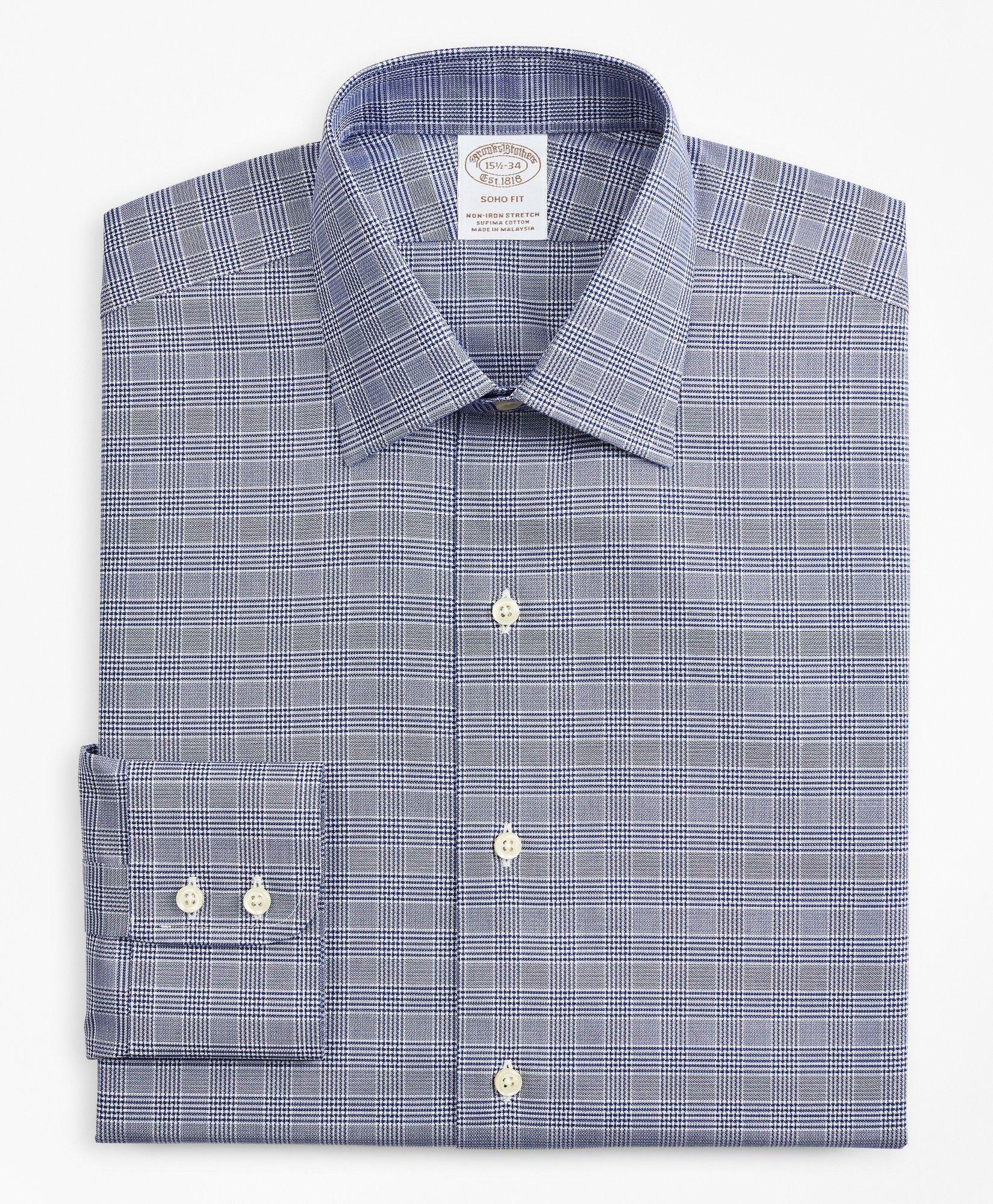 Brooks Brothers Men's Stretch Soho Extra-Slim-Fit Dress Shirt, Non-Iron Royal Oxford Ainsley Collar Glen Plaid | Navy