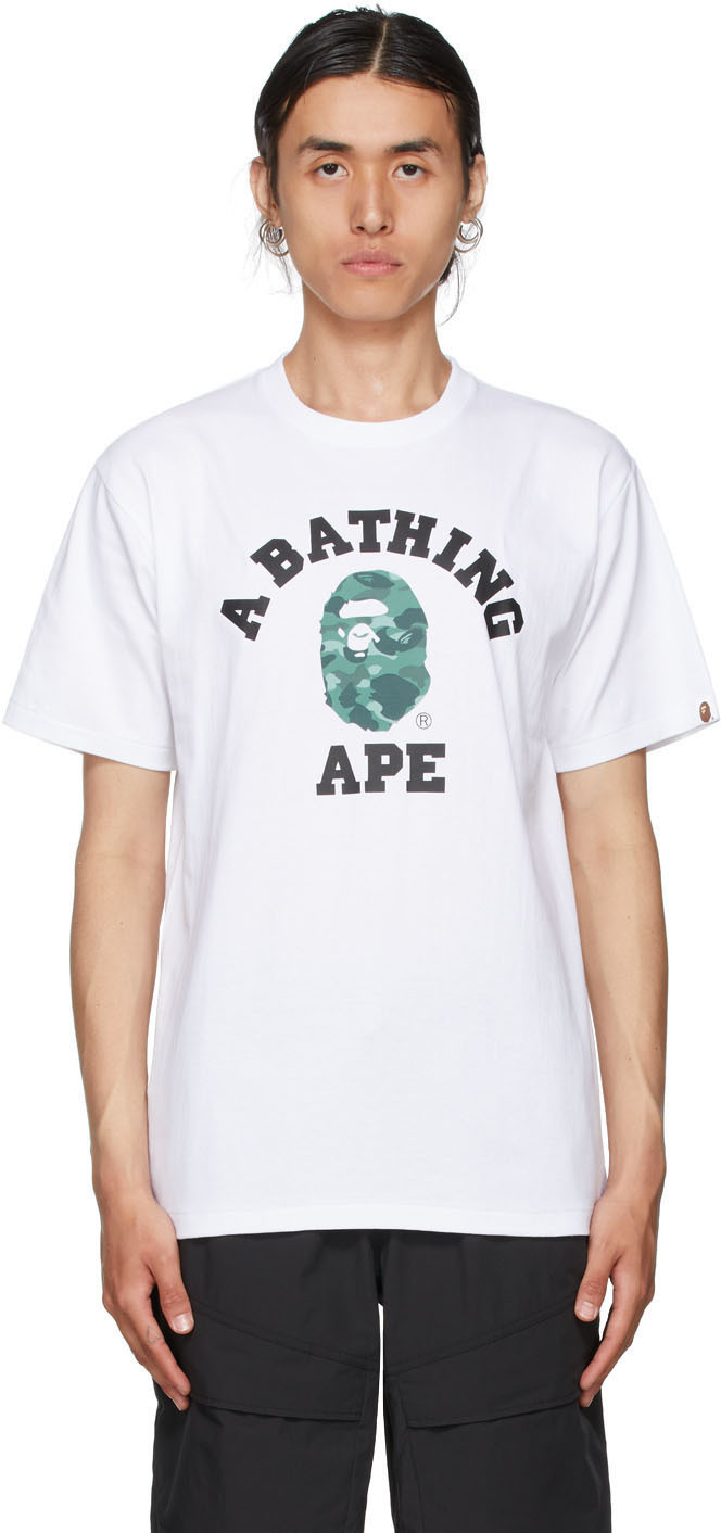 BAPE White & Green Color Camo College T-Shirt