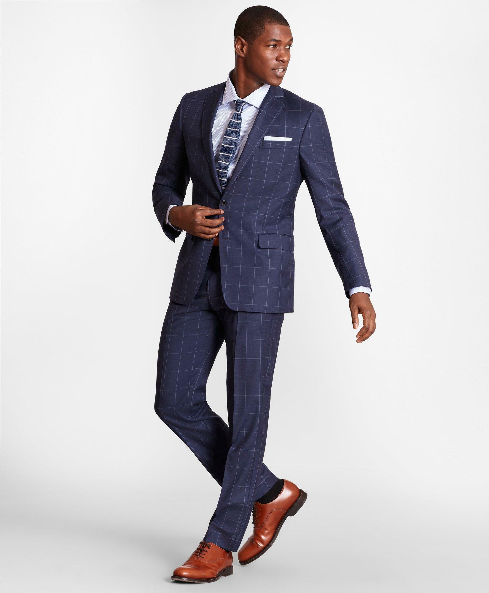 Brooks Brothers Men's Regent-Fit Windowpane Wool Twill Suit Pants | Blue
