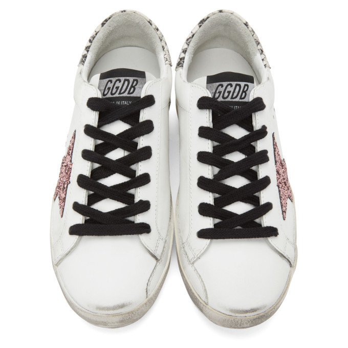 white glitter star snakeskin superstar sneakers