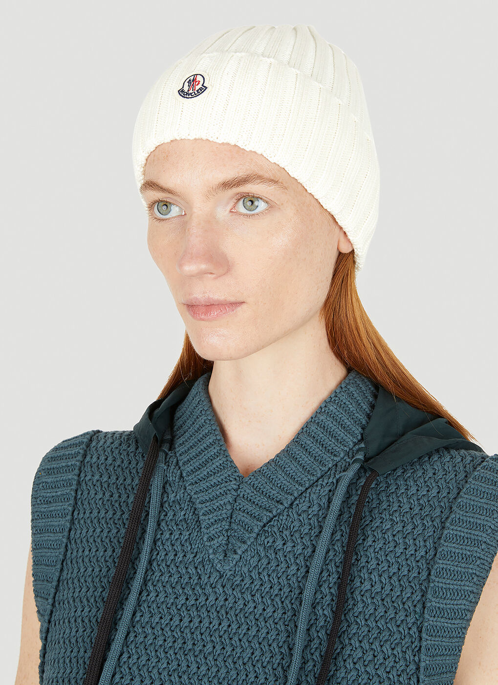 Ribbed Knit Logo Beanie in White Moncler