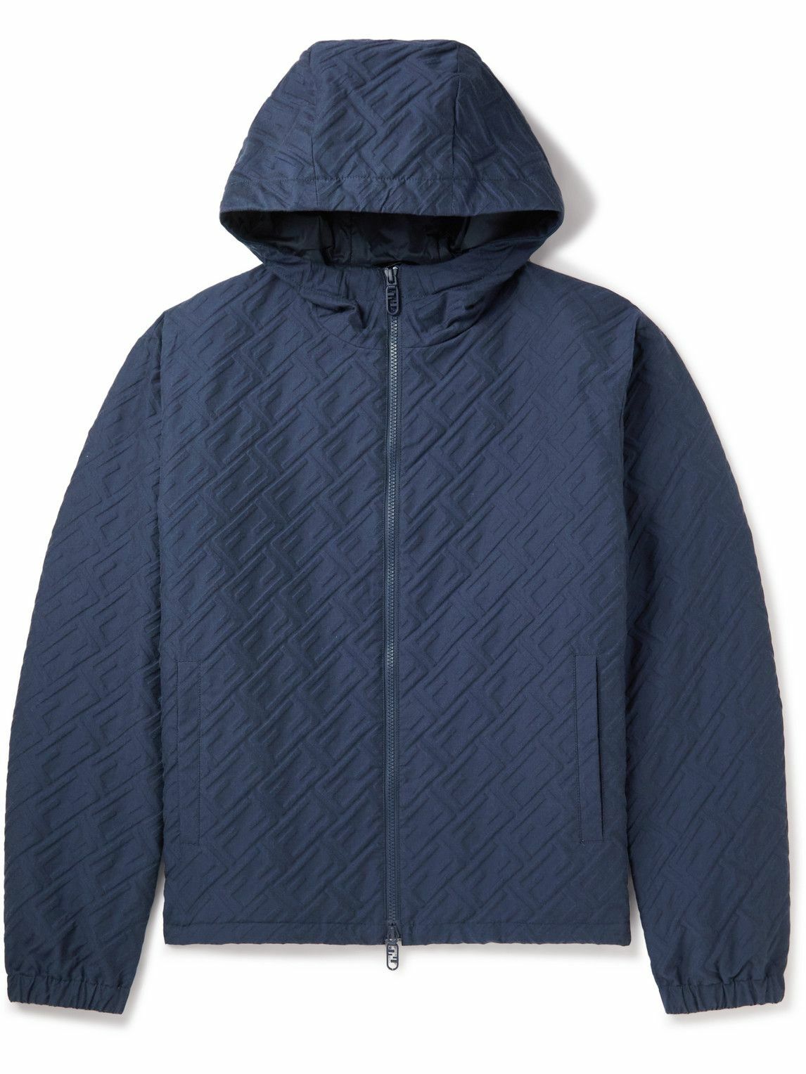 Photo: Fendi - K-Way Baguette Monogrammed Cotton-Blend Hooded Bomber Jacket - Blue