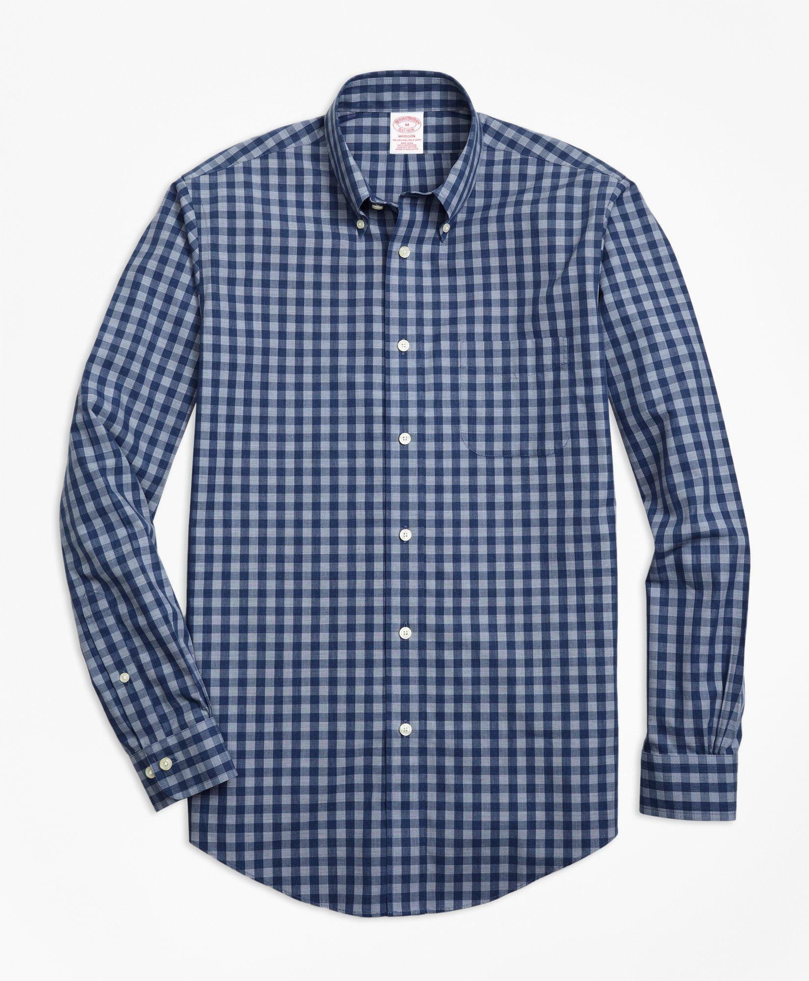 Brooks Brothers Men's Madison Relaxed-Fit Sport Shirt, Non-Iron Heathered Gingham | Navy