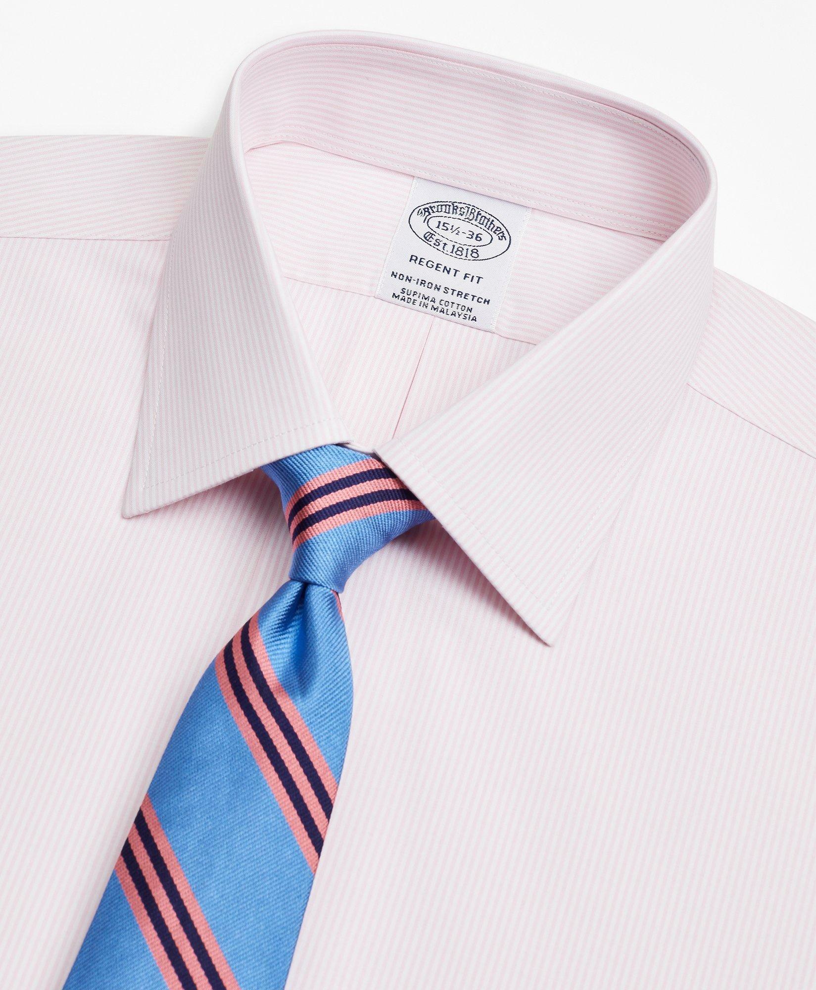 Brooks Brothers Men's Stretch Regent Regular-Fit Dress Shirt, Non-Iron Poplin Ainsley Collar Fine Stripe | Pink