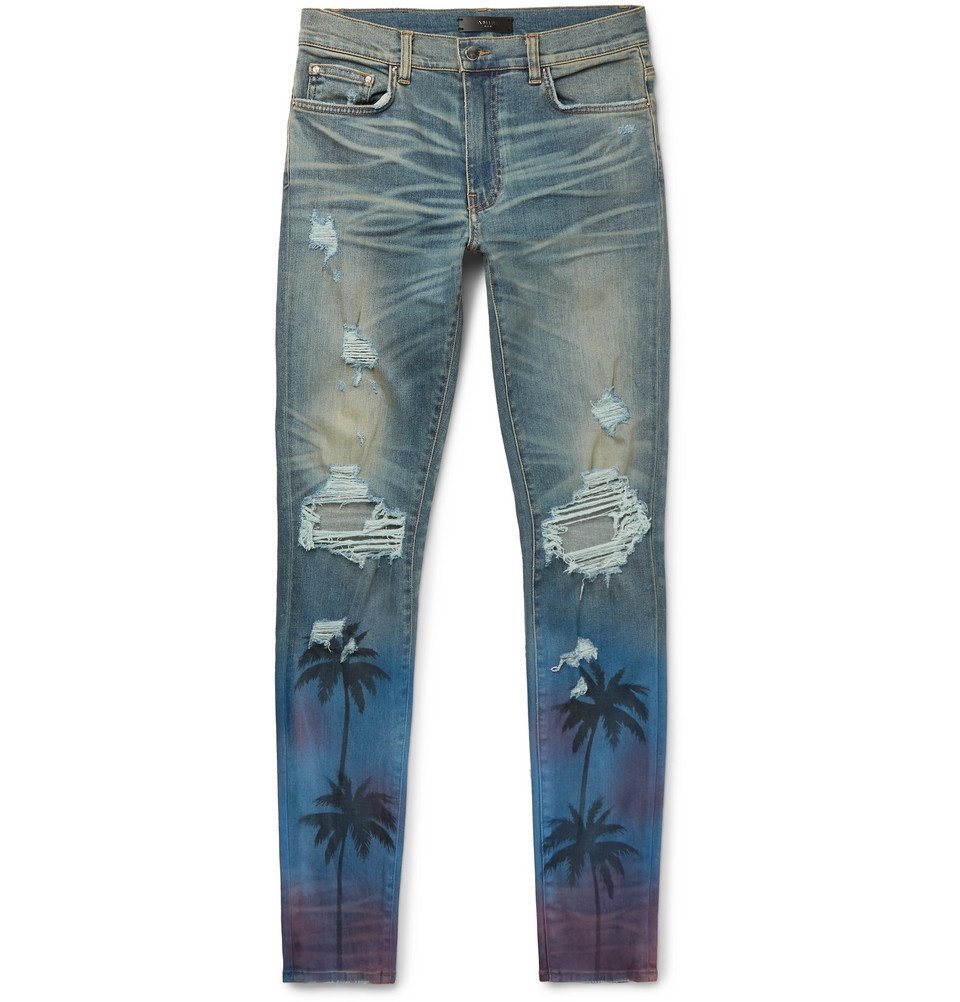 AMIRI - Thrasher Skinny-Fit Distressed Printed Stretch-Denim Jeans ...