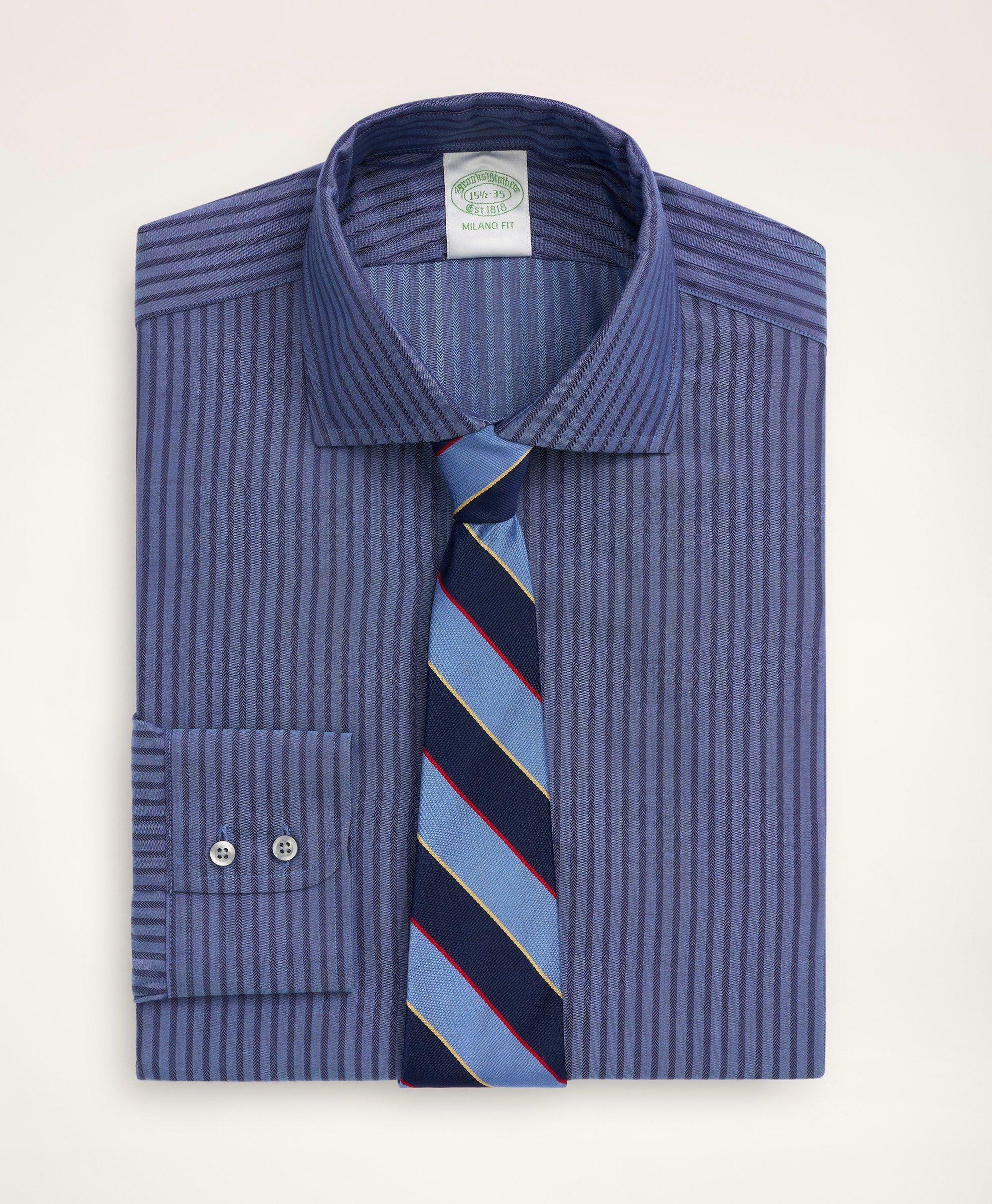 Brooks Brothers Men's Milano Slim-Fit Dress Shirt, Dobby English Collar Stripe | Navy