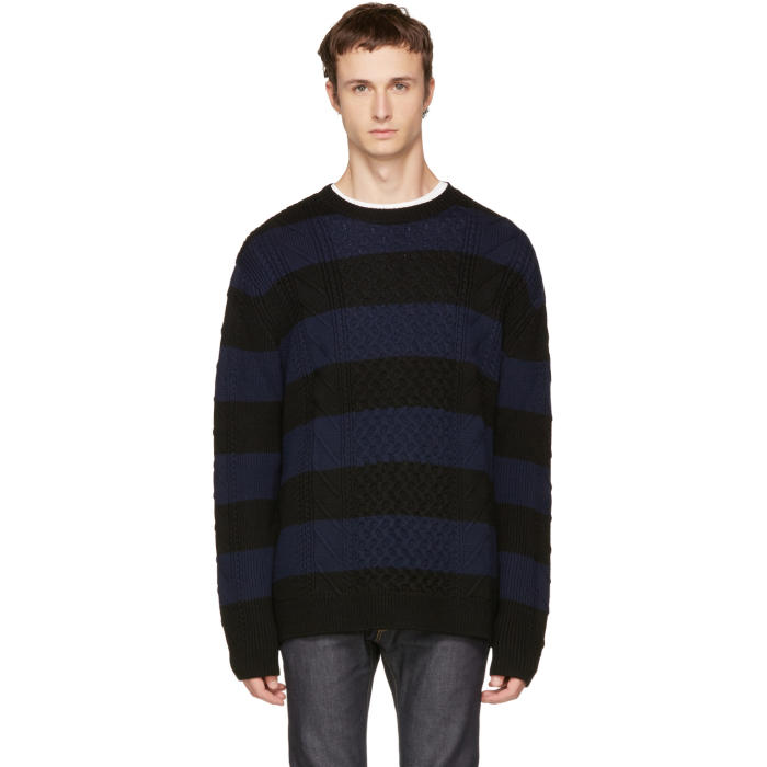McQ Alexander McQueen Black and Navy Striped Cable Crewneck Sweater McQ ...
