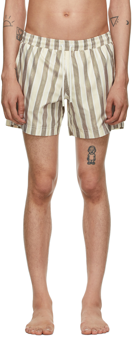 Khaki Striped Classic Swim Shorts