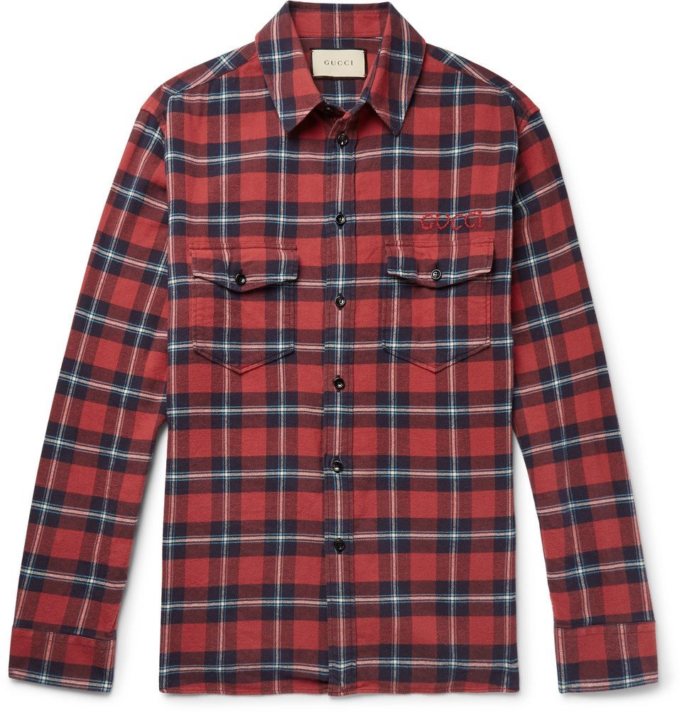 Gucci - Oversized Embroidered Checked Cotton-Flannel Shirt - Men - Red ...