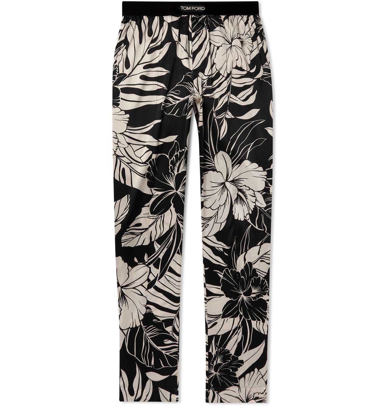 TOM FORD - Velvet-Trimmed Printed Stretch Silk-Satin Pyjama Trousers - Black  TOM FORD